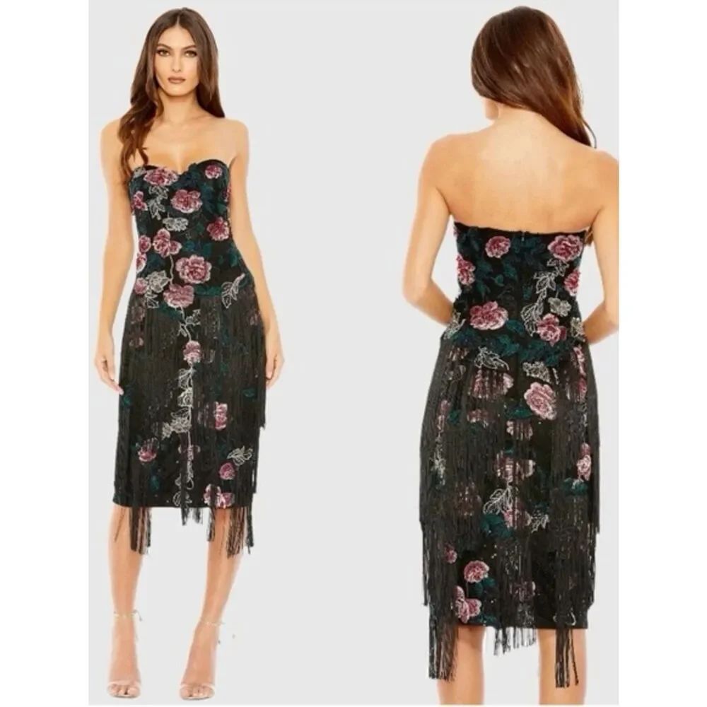 Mac Duggal Strapless Floral Embroidered Midi Dress With Fringe 20577 size 2 NWT